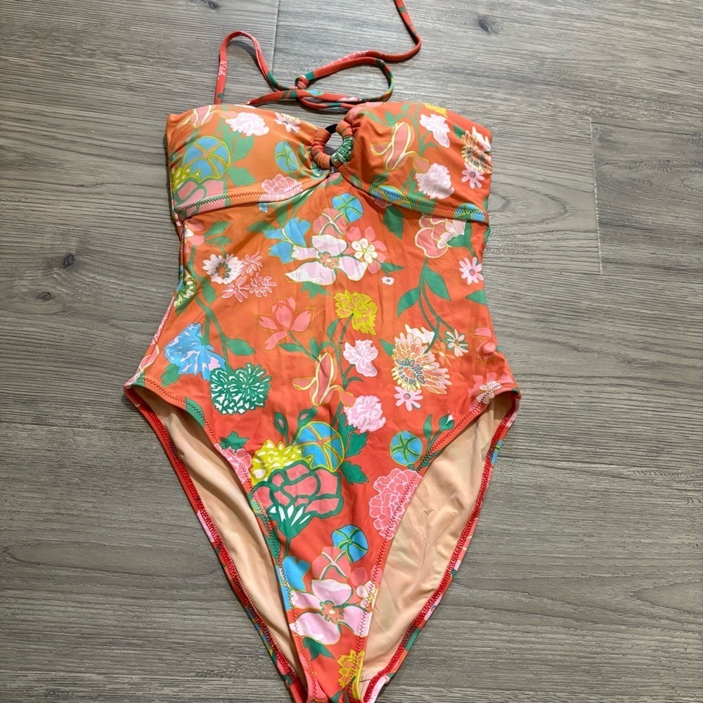J.Crew Gavotte Floral Ring Halter One Piece Swimsuit Orange Womens Sz 6 Tropical - Picture 1 of 9